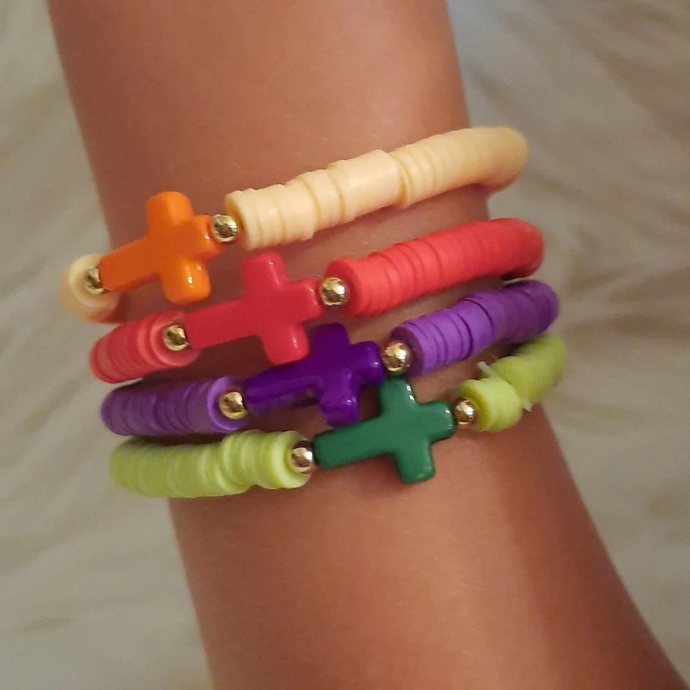 Kids Stackable Clay Beaded Bracelet with Cross-4 pcs Set